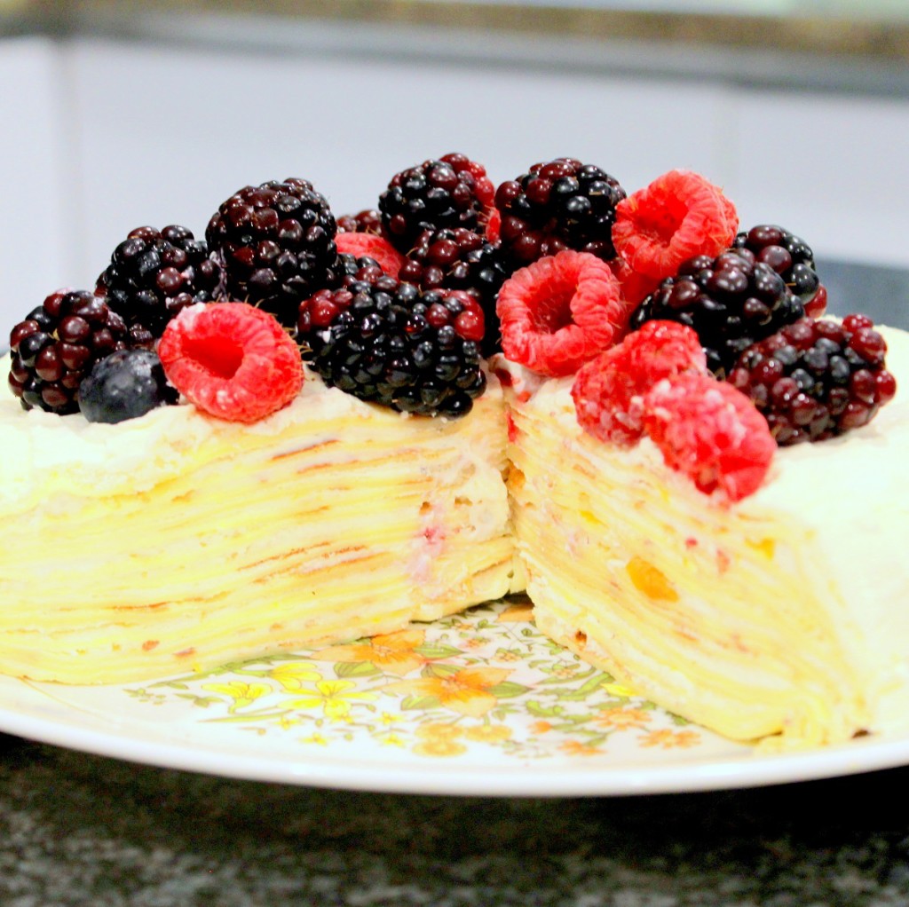 Grand Marnier and Peach filled Crepe Cake FoodInspires